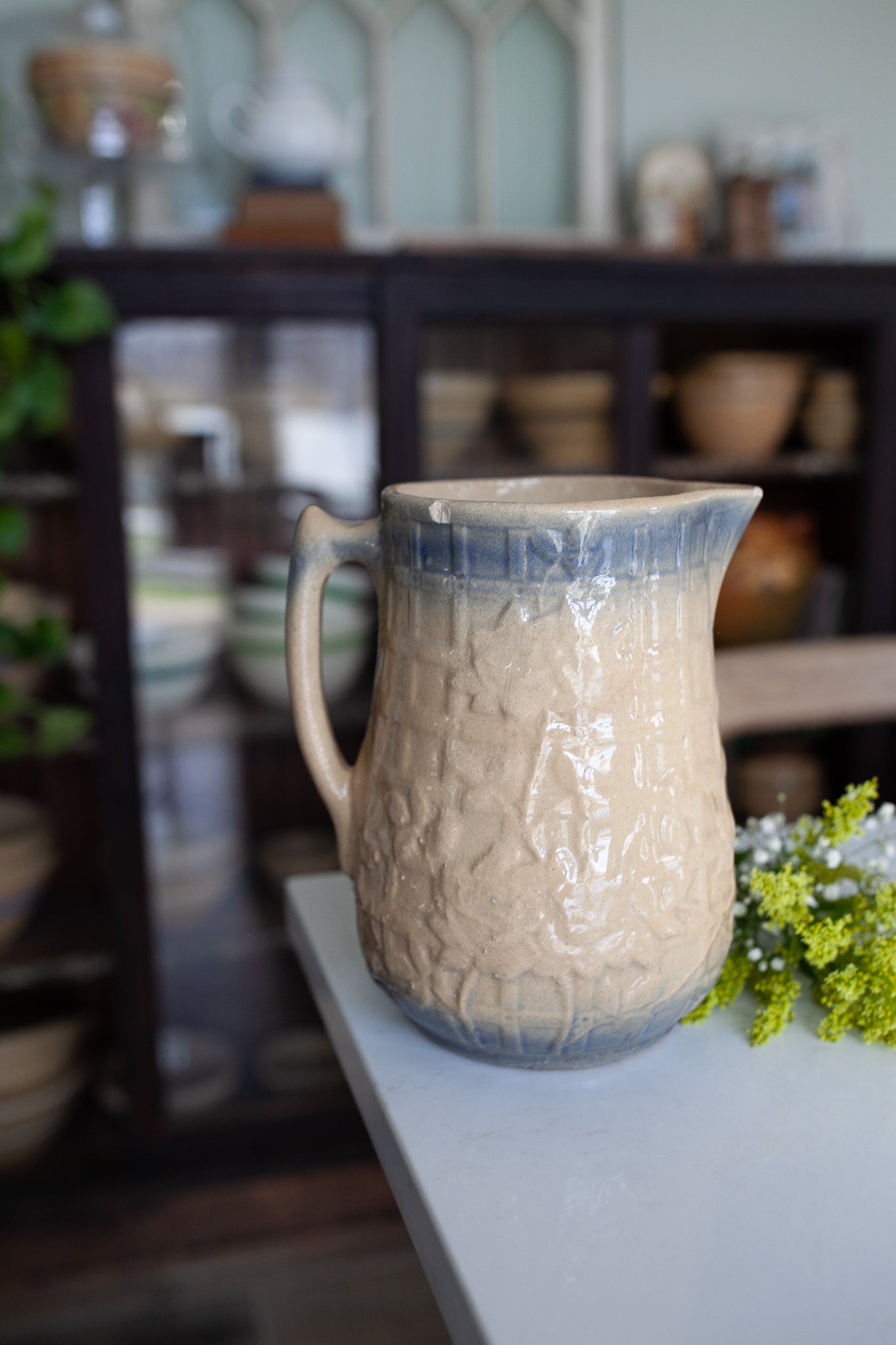 Antique Pitcher Stoneware- Blue and beige Trellis and Flower