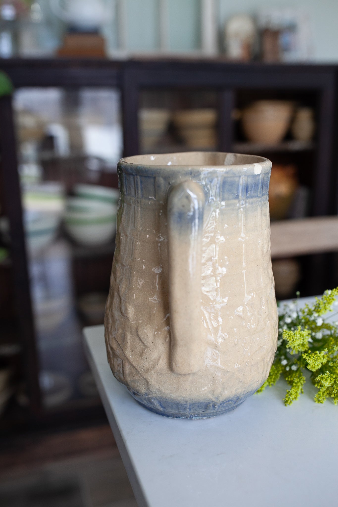 Antique Pitcher Stoneware- Blue and beige Trellis and Flower