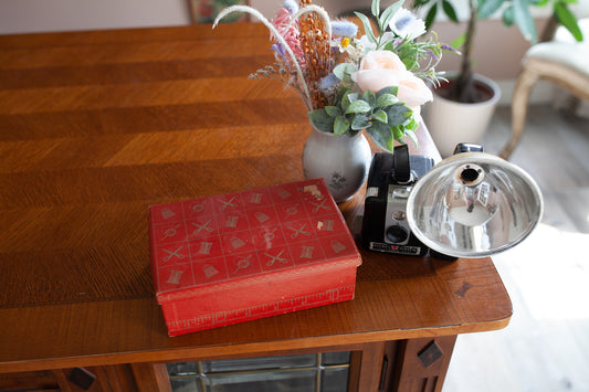 Vintage Sewing Box -Hinged Lid Red With Gold Details Removable Self