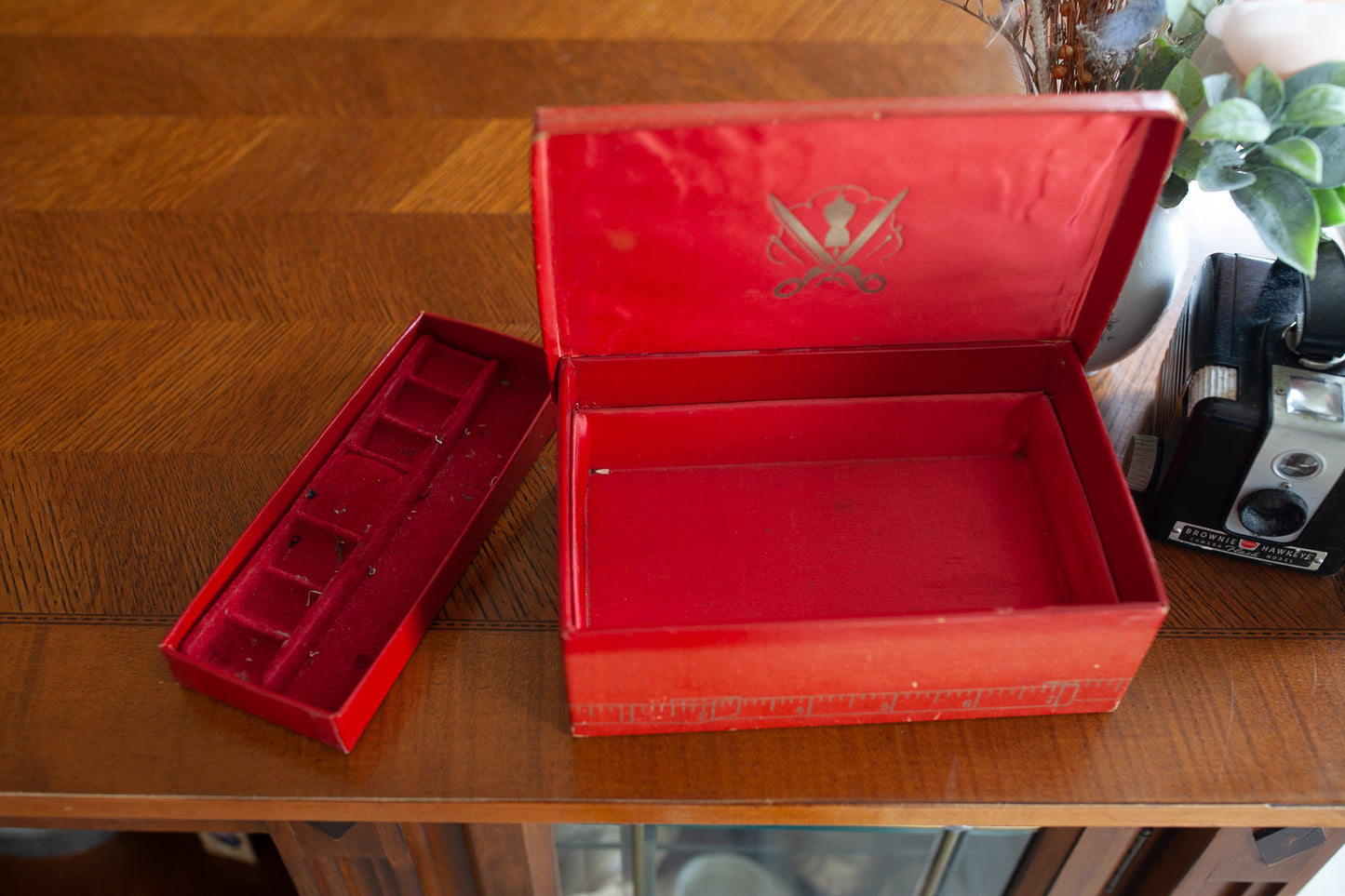 Vintage Sewing Box -Hinged Lid Red With Gold Details Removable Self