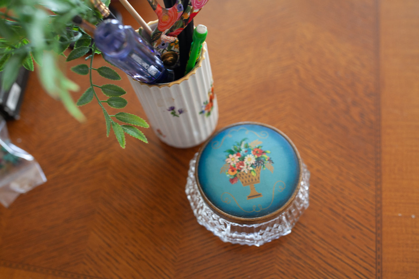 Vintage Display Box- Round Glass Floral Jar- Floral Trinket Jar