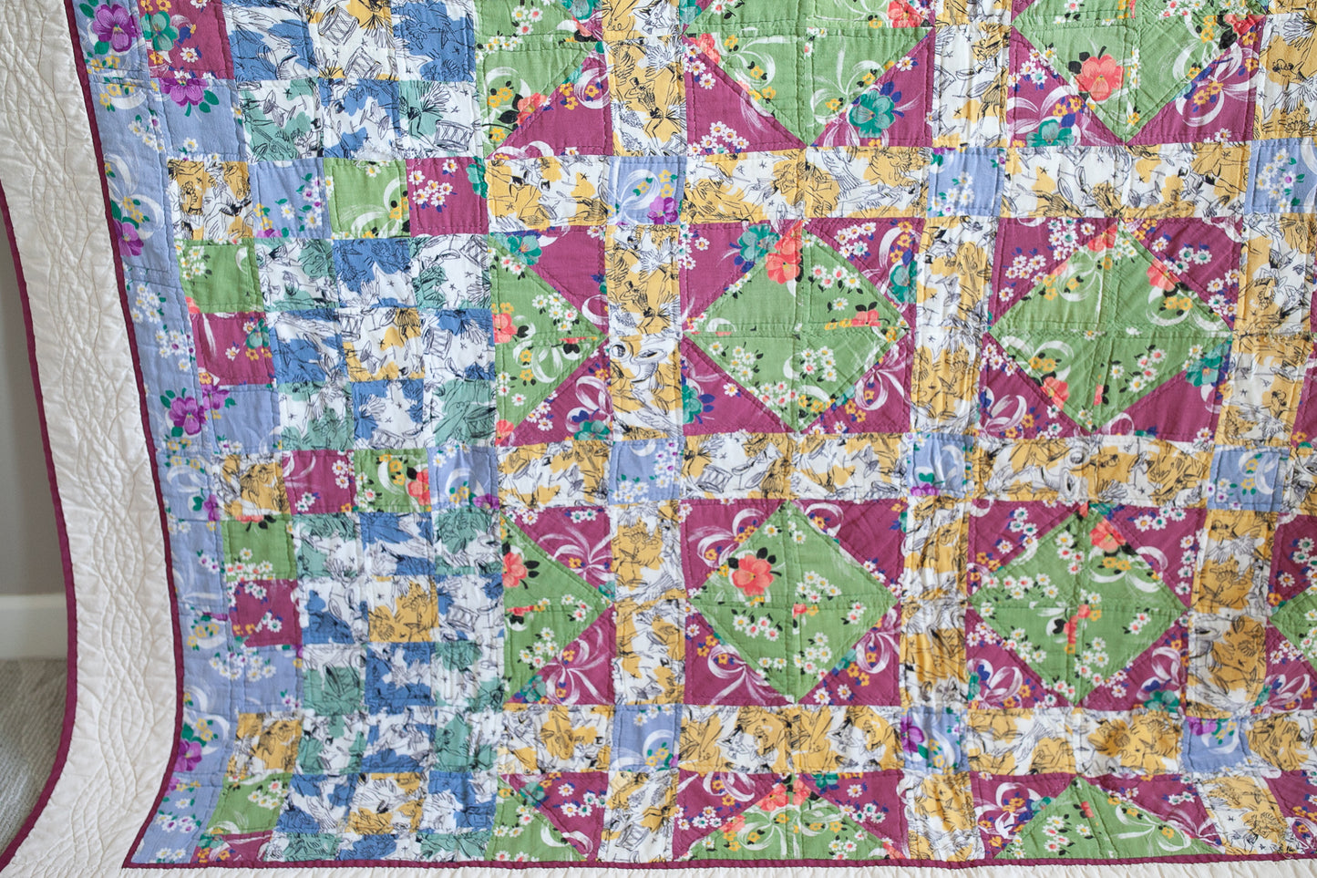 Vintage novelty print quilt- purple, blue- multicolor - Quilt