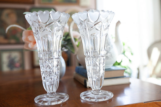 Vintage Glasses - Clear Glass Heart Vase - Crystal Etched Heavy Glass