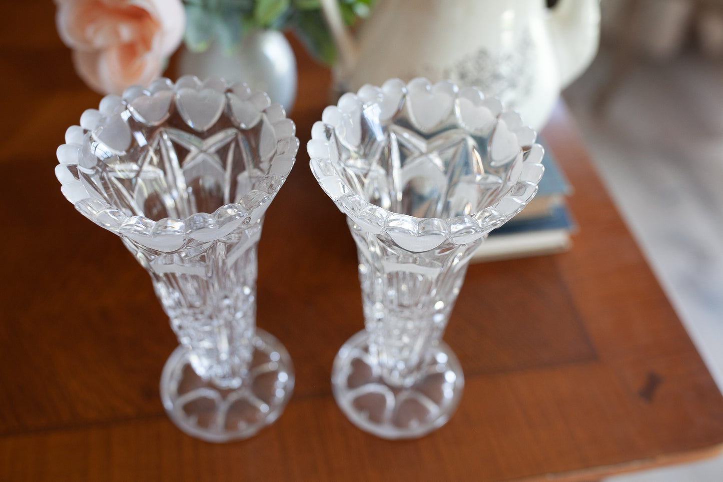 Vintage Glasses - Clear Glass Heart Vase - Crystal Etched Heavy Glass