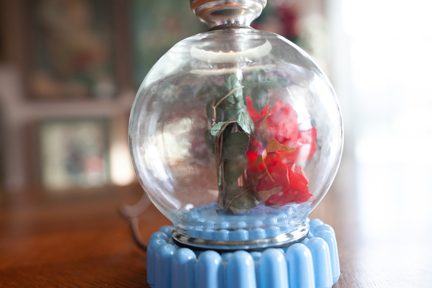 Blue Accent Lamp- Vintage Lamp - Vintage Glass Lamp with flowers