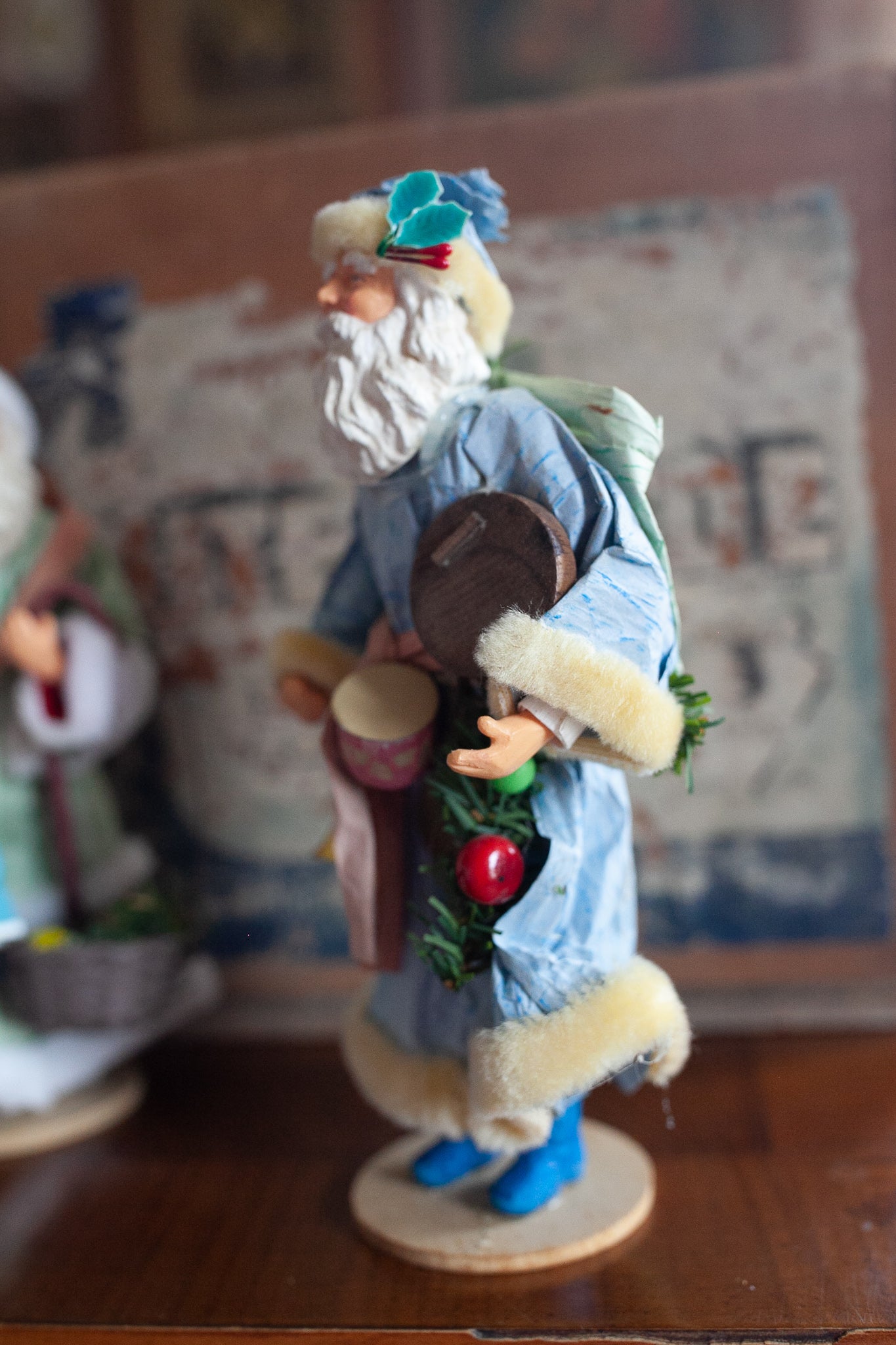 Vintage Santa- Paper Mache Santa - Green Santa- Blue Santa