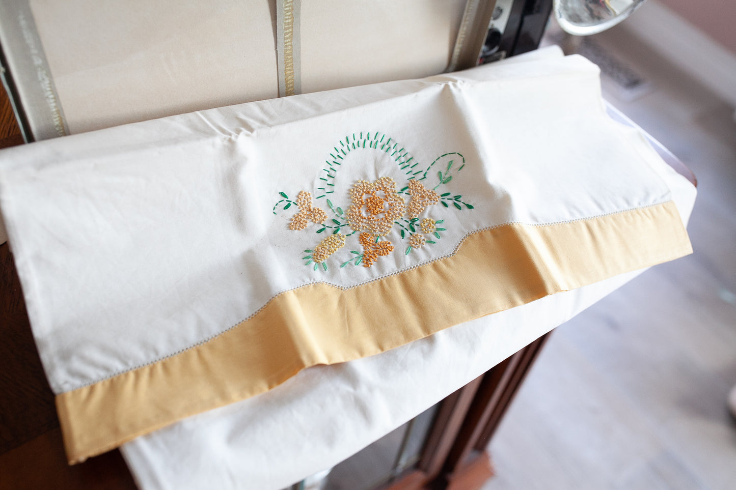 Vintage Pillow Cases - Embroidered Yellow Floral Pillow Case