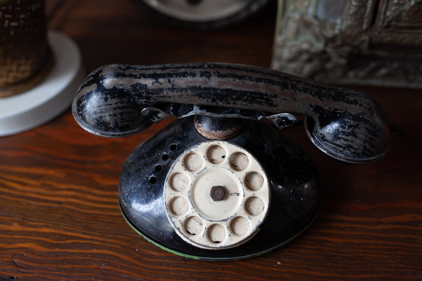 Antique Tin Telephone - Rotary Toy Phone - Black Phone