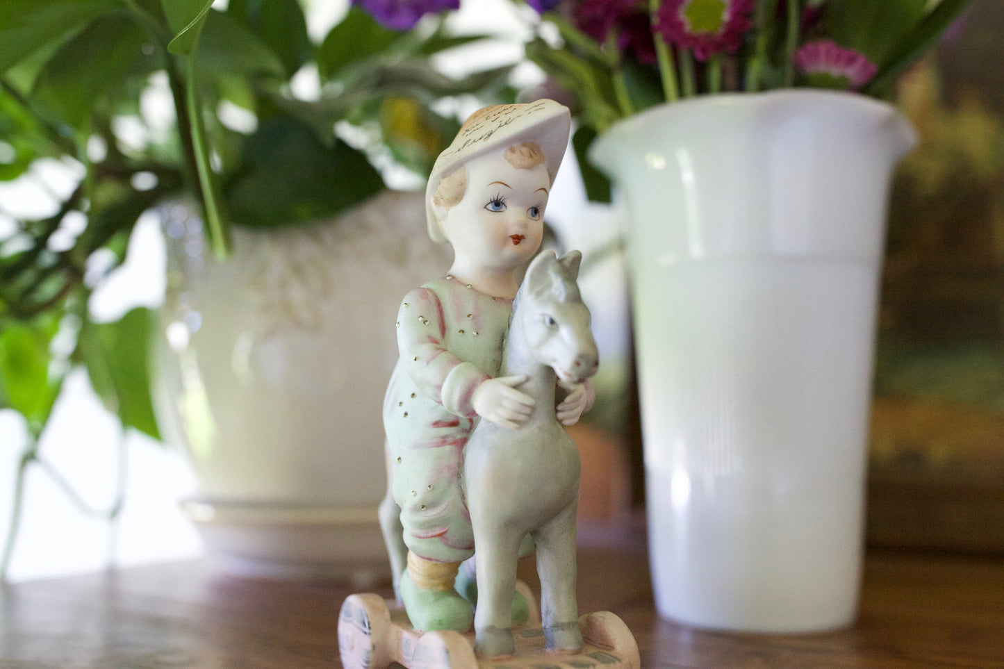 Vintage Lefton China Child with Hobby Horse Handpainted Antique Collectible Figurine #972- Child riding a toy horse