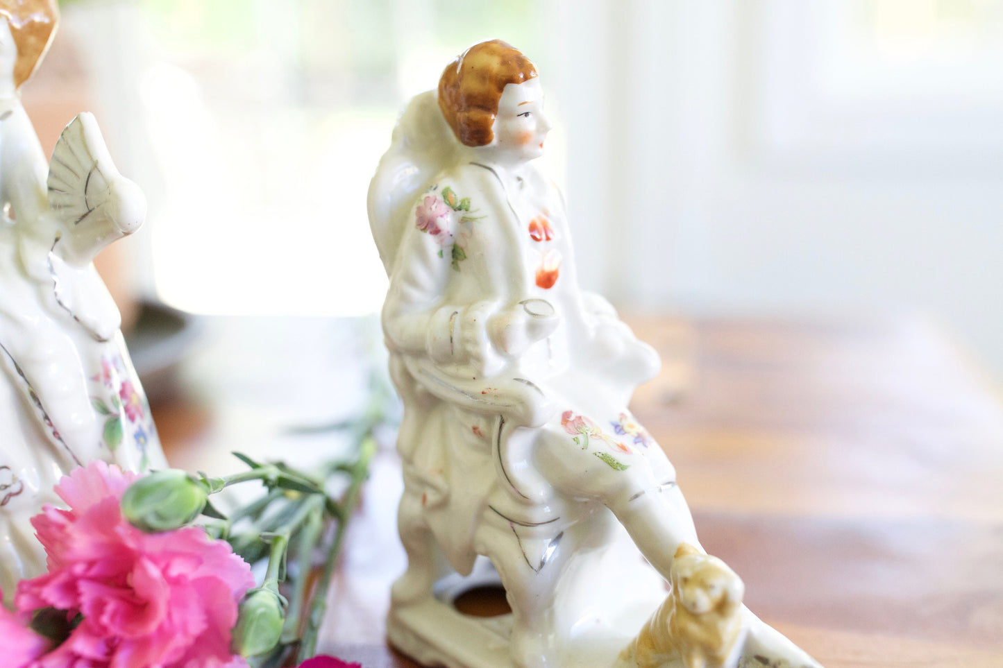 Vintage Japan Figurines- Couple Set of 2 - White Porcelain with Flowers and Little Dog
