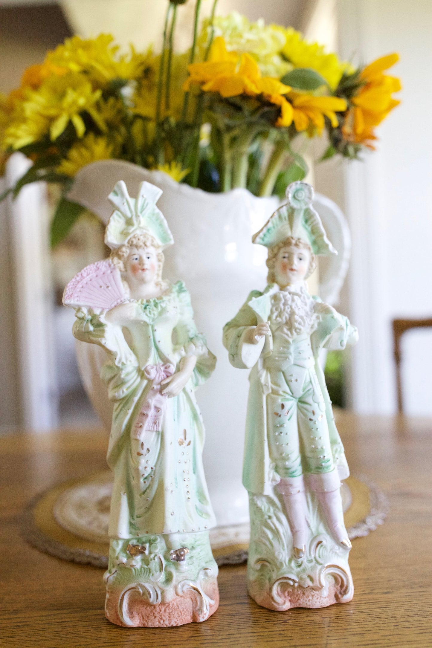 Painted Bisque Figurines- Pair of Bisque Figures- Green,Peach