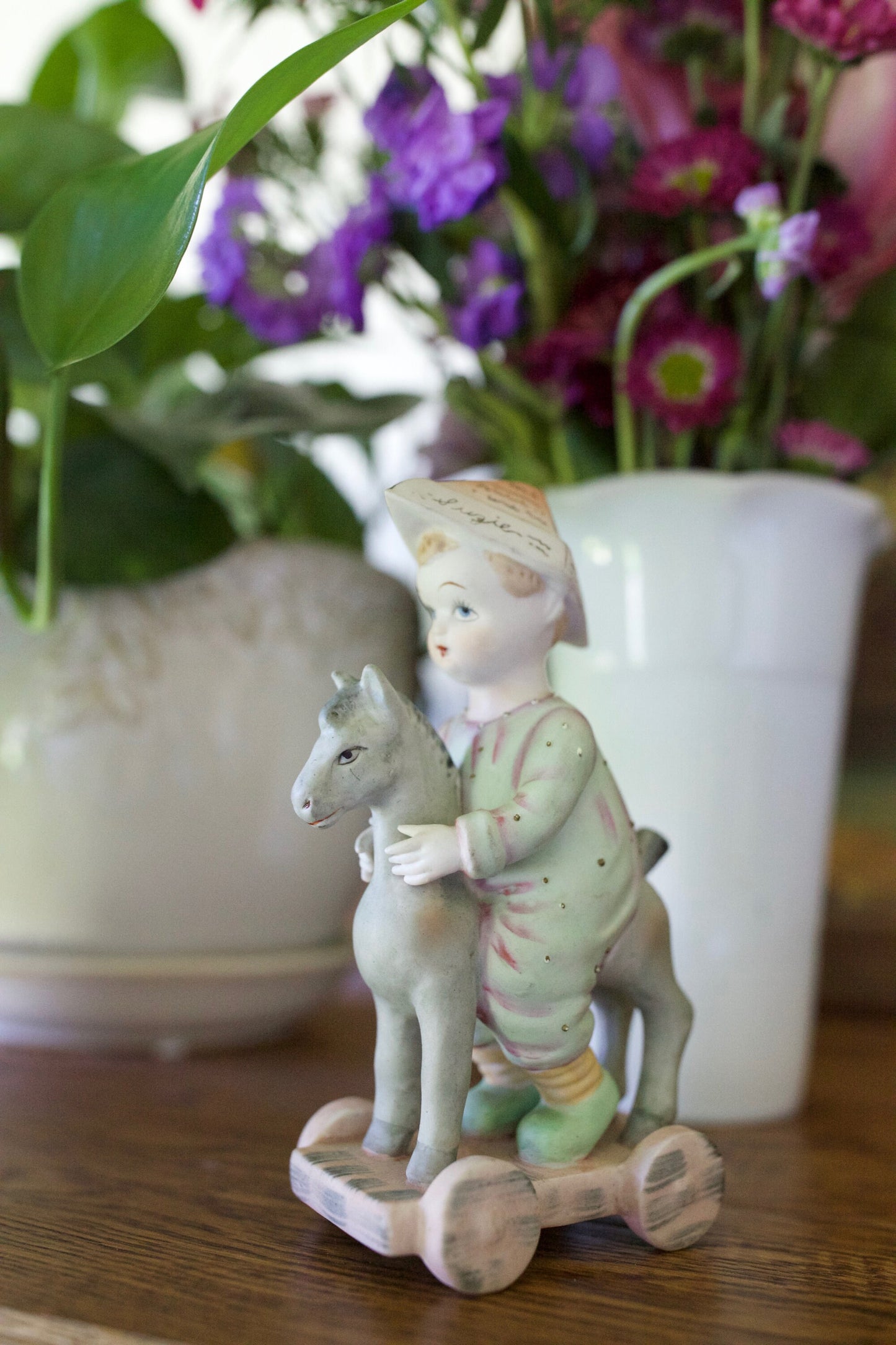 Vintage Lefton China Child with Hobby Horse Handpainted Antique Collectible Figurine #972- Child riding a toy horse