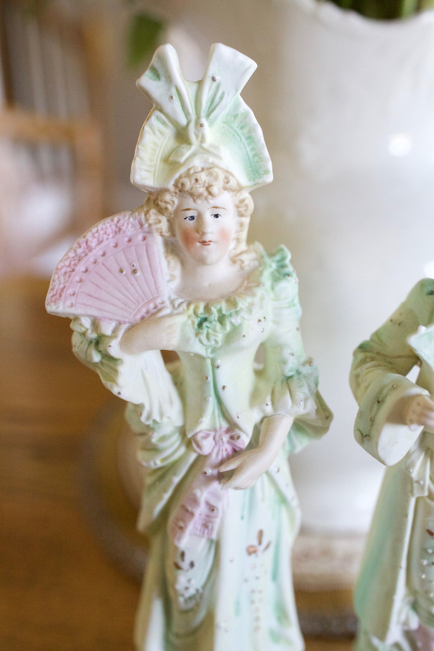 Painted Bisque Figurines- Pair of Bisque Figures- Green,Peach