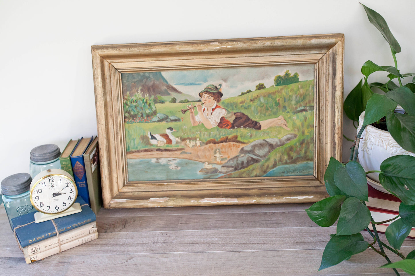 Vintage Artwork- Painted Canvas Framed and Signed - Boy playing Music to Ducks in the Countryside