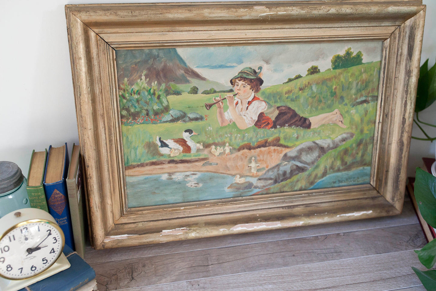 Vintage Artwork- Painted Canvas Framed and Signed - Boy playing Music to Ducks in the Countryside