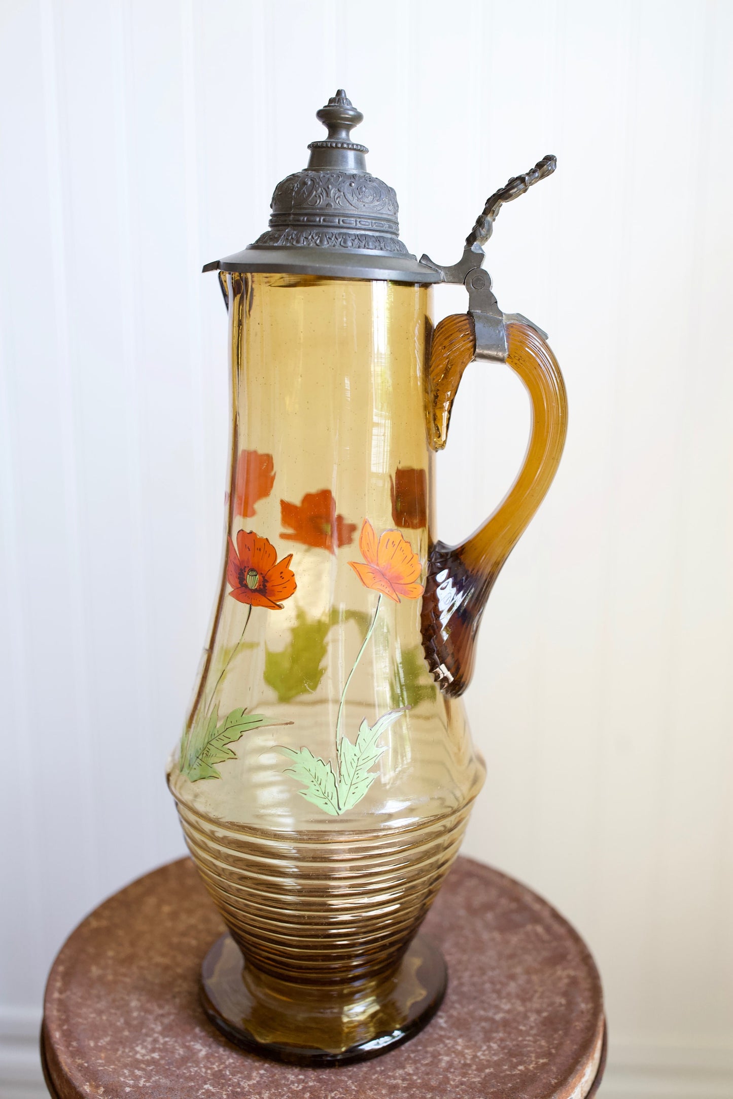 Vintage Amber Glass Decanter Stein - Large Glass Container with Flowers and Metal Lid