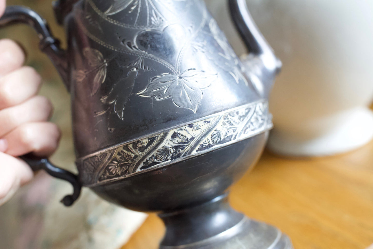 Antique TeaPot- Etched- Heart, Silver Antique Teapot-Pelton Bros & Co. Teapot Triple Plate