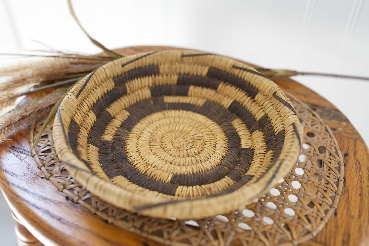 Vintage Tan and Brown Woven Basket - Circular handmade Basket