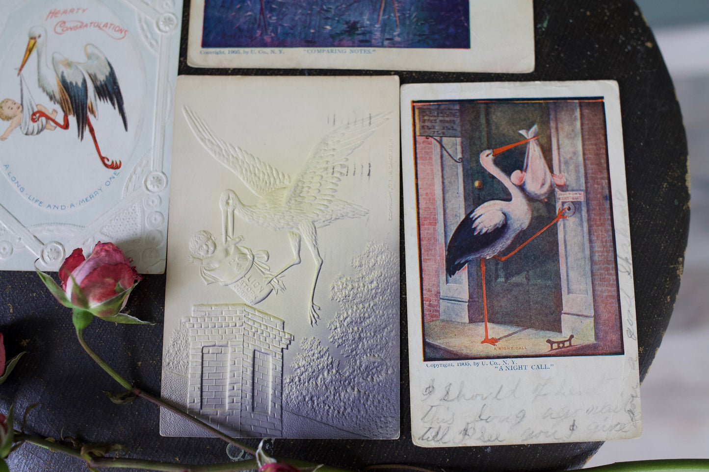 Antique Stork Birth Announcement Postcards - New Baby Postcards- Baby Shower- Antique Baby Shower