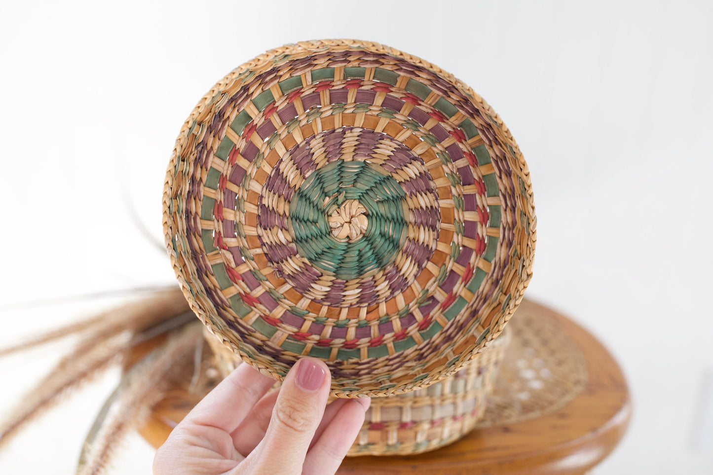 Vintage Handmade Woven Basket with Lid - Multi Color