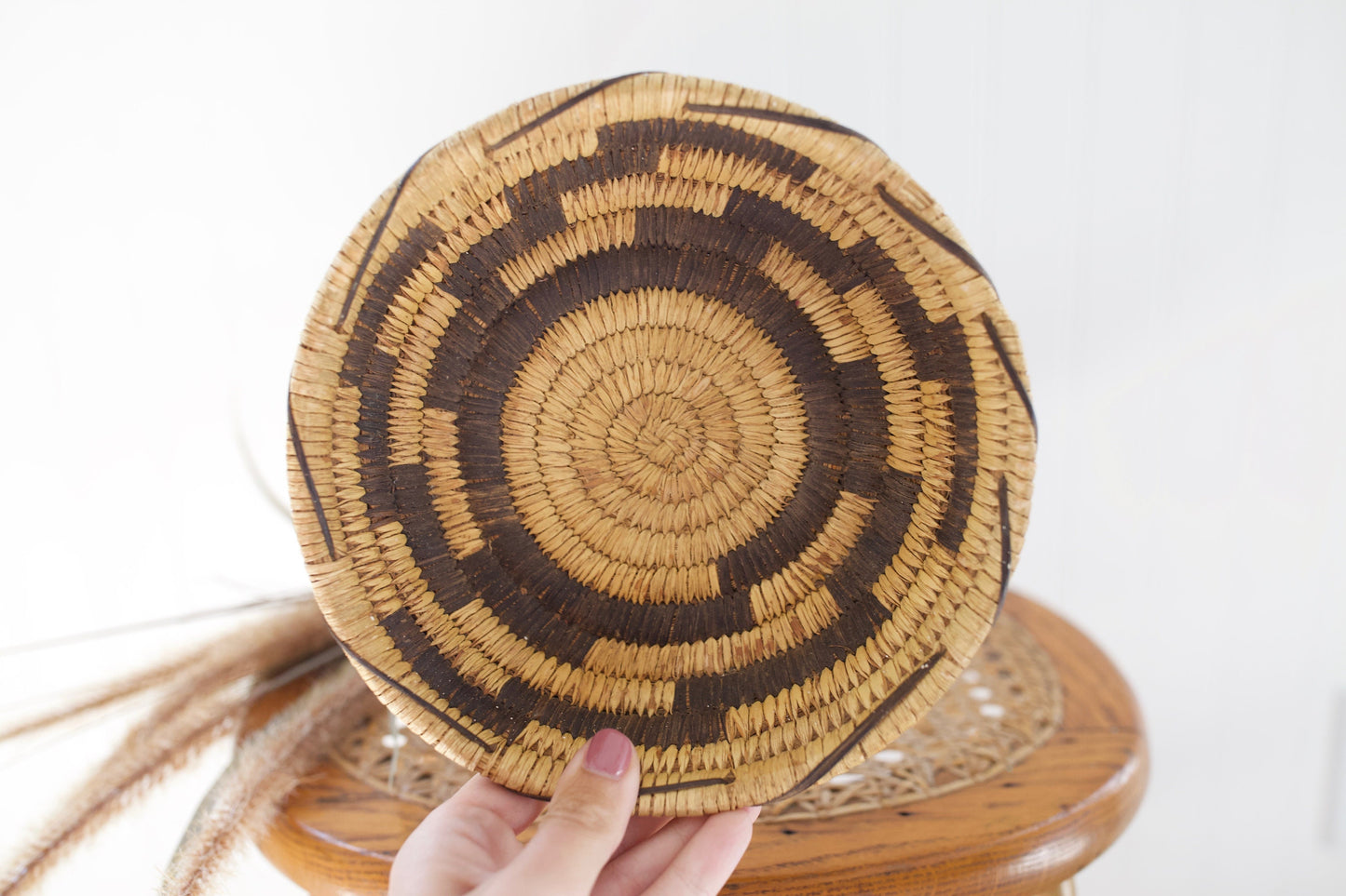Vintage Tan and Brown Woven Basket - Circular handmade Basket