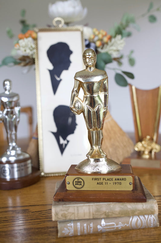 Vintage Football Trophy - Gold Football Trophy on Wood Base- First Place 1970