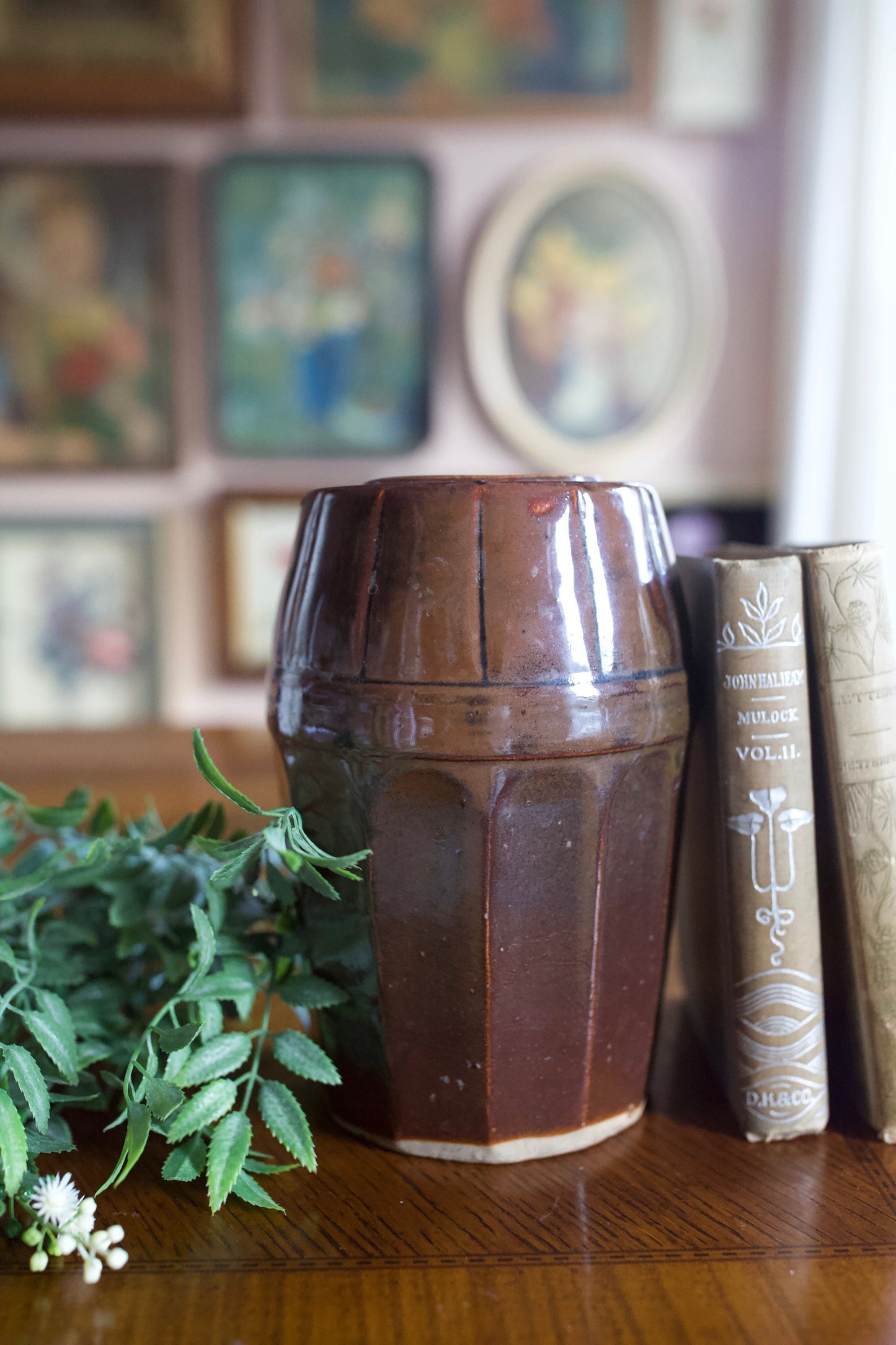 Antique Peoria Pottery 12 SIDED Old Canning Crock Jar- Brown Salt Glaze 7" tall