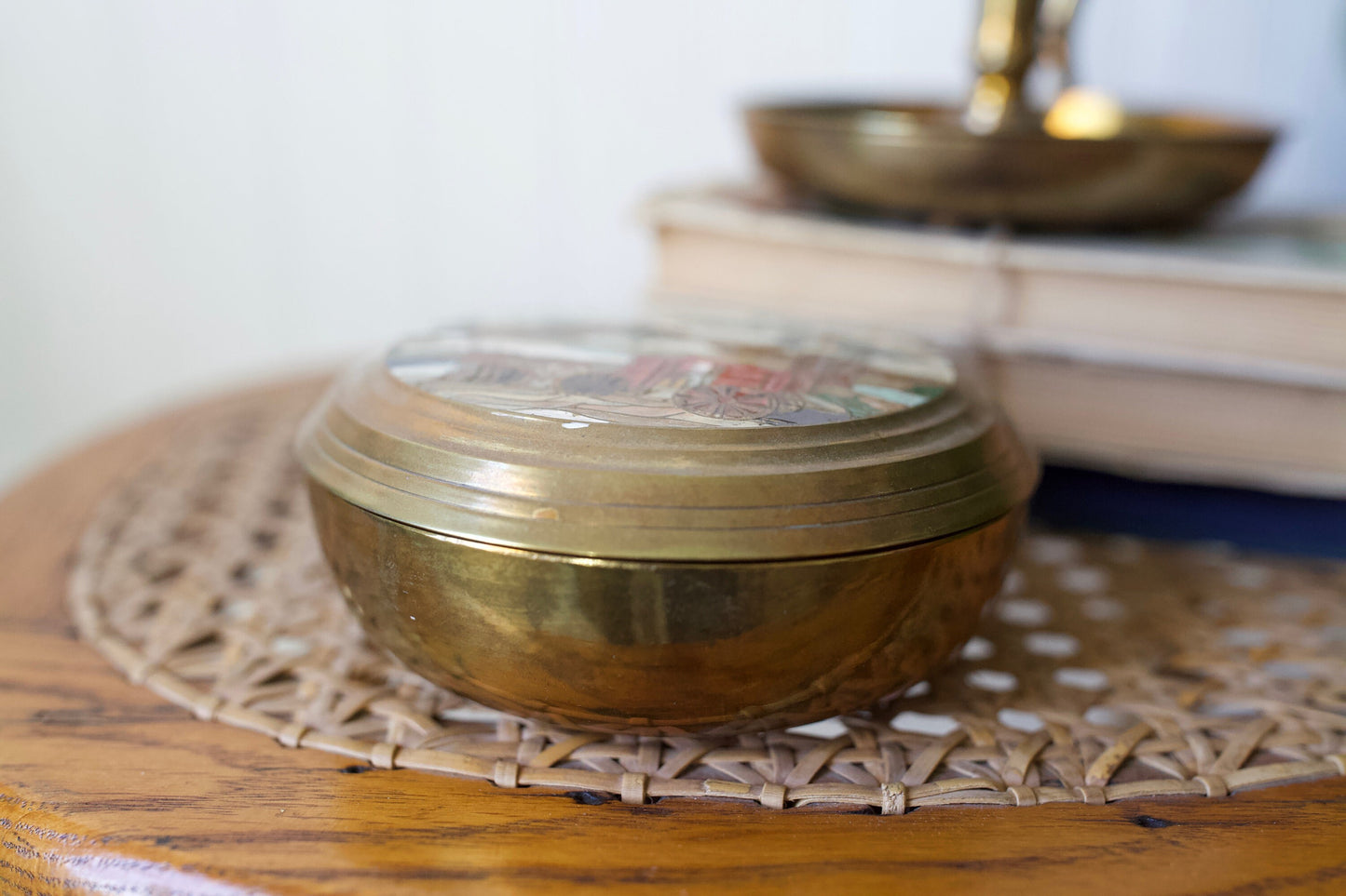 Vintage Brass Trinket Box- Circular Brass with Horse and Carriage Scene