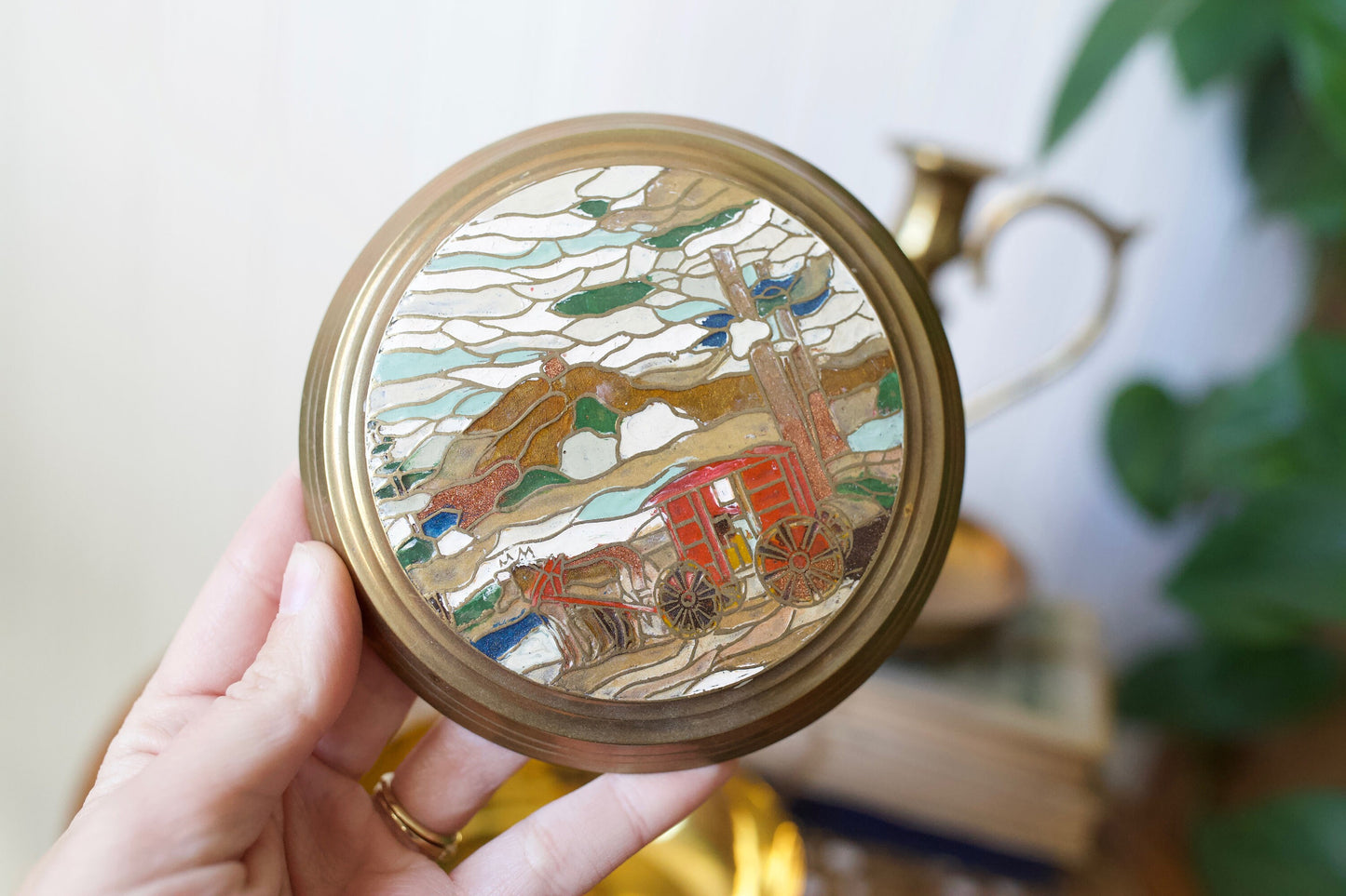 Vintage Brass Trinket Box- Circular Brass with Horse and Carriage Scene