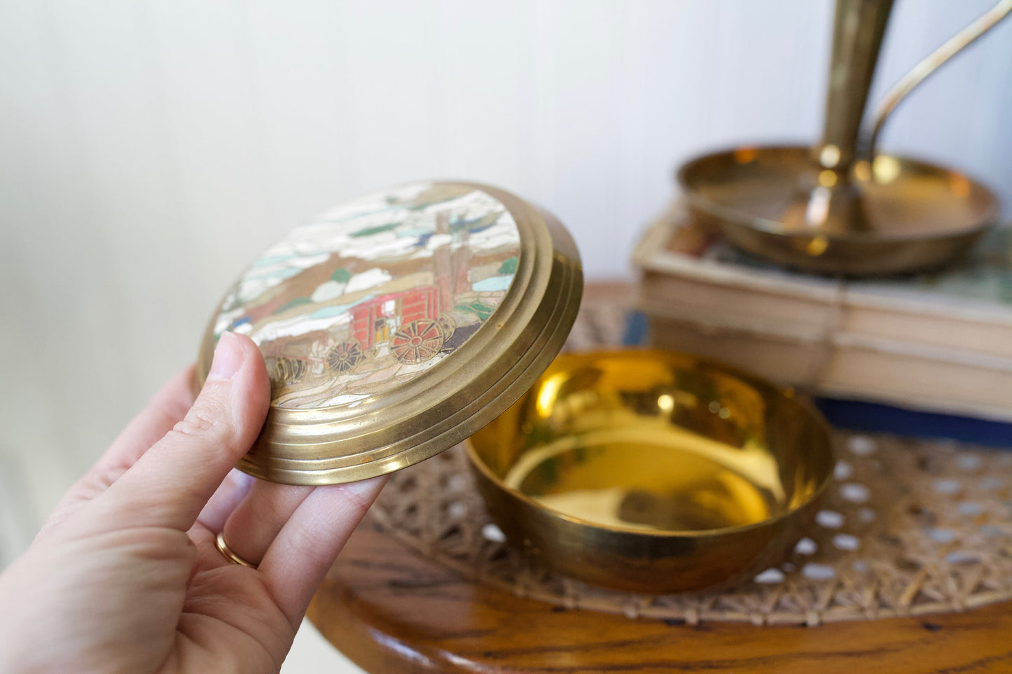 Vintage Brass Trinket Box- Circular Brass with Horse and Carriage Scene