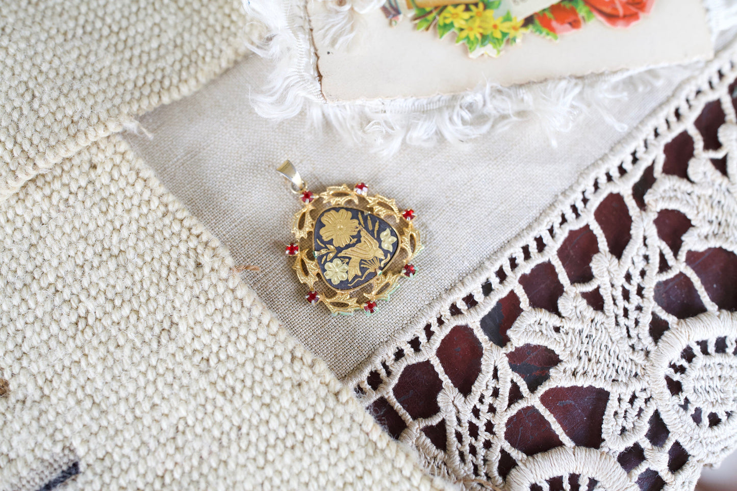 Vintage Pendant- Jewelry Pendant with Bird and Flowers - Red, Gold, and Black