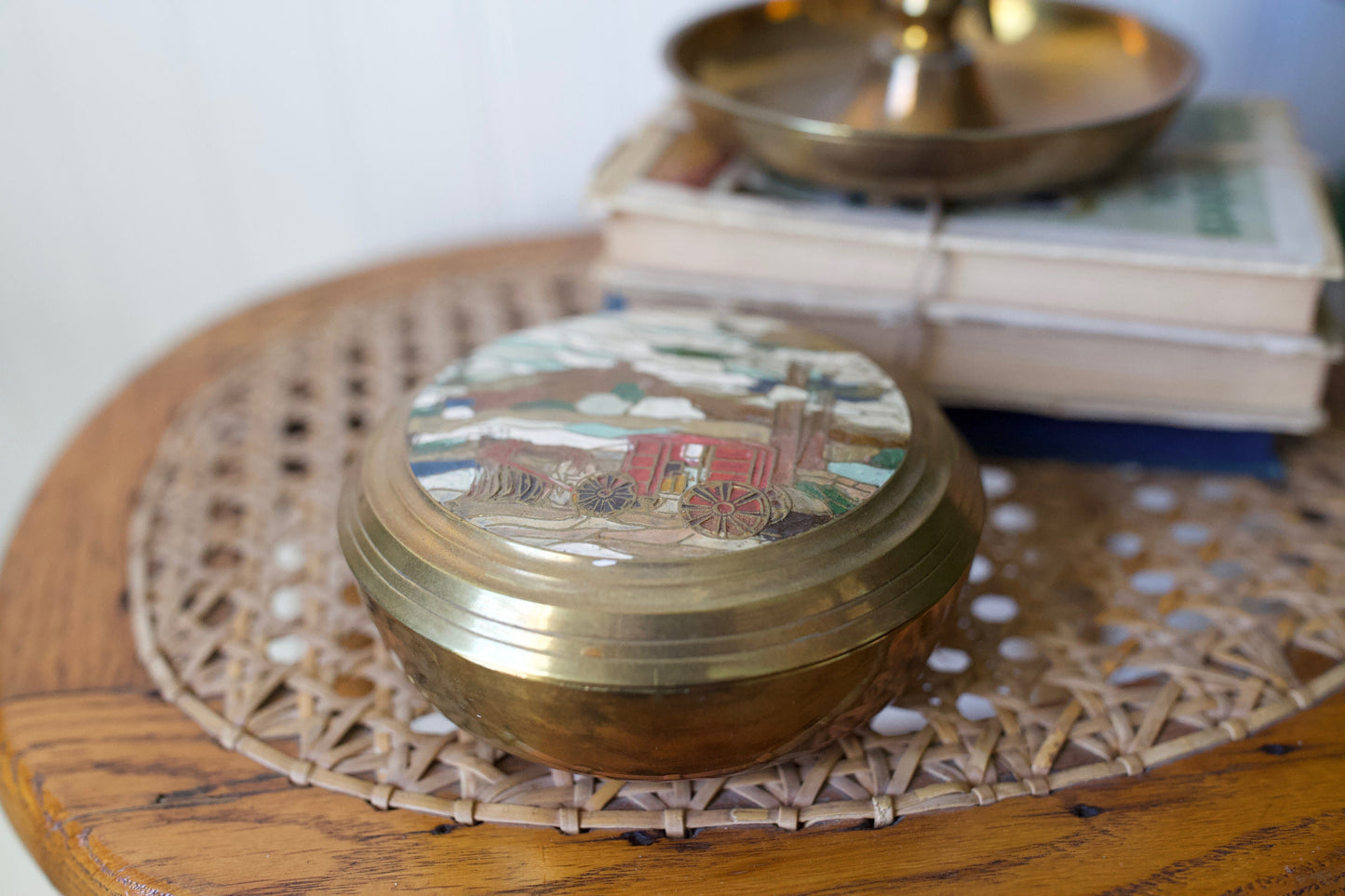 Vintage Brass Trinket Box- Circular Brass with Horse and Carriage Scene