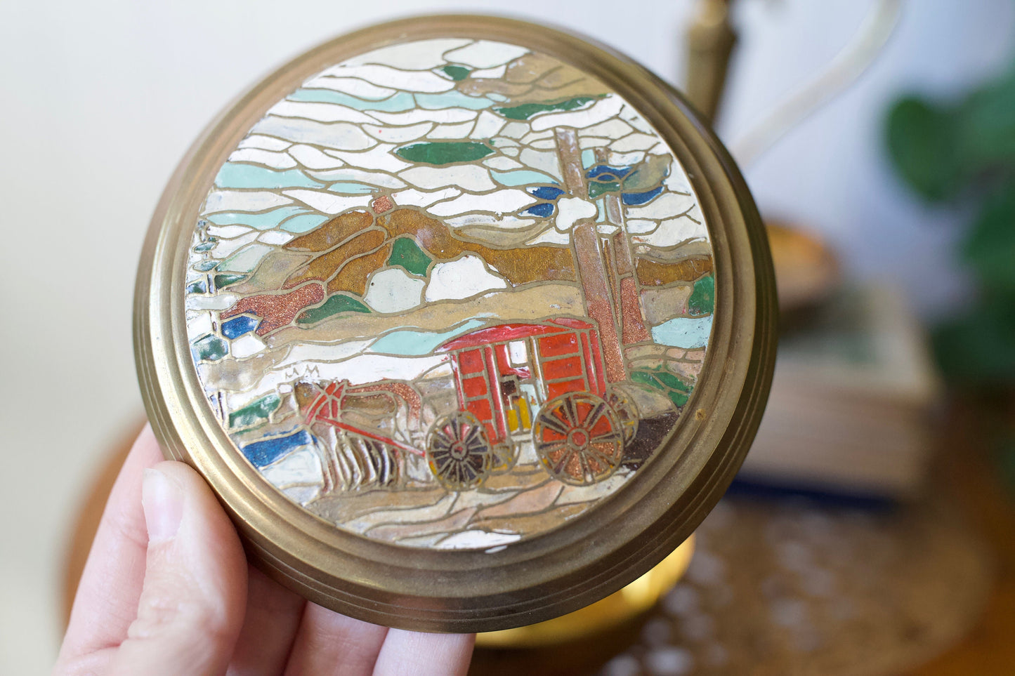 Vintage Brass Trinket Box- Circular Brass with Horse and Carriage Scene