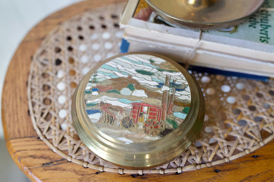 Vintage Brass Trinket Box- Circular Brass with Horse and Carriage Scene