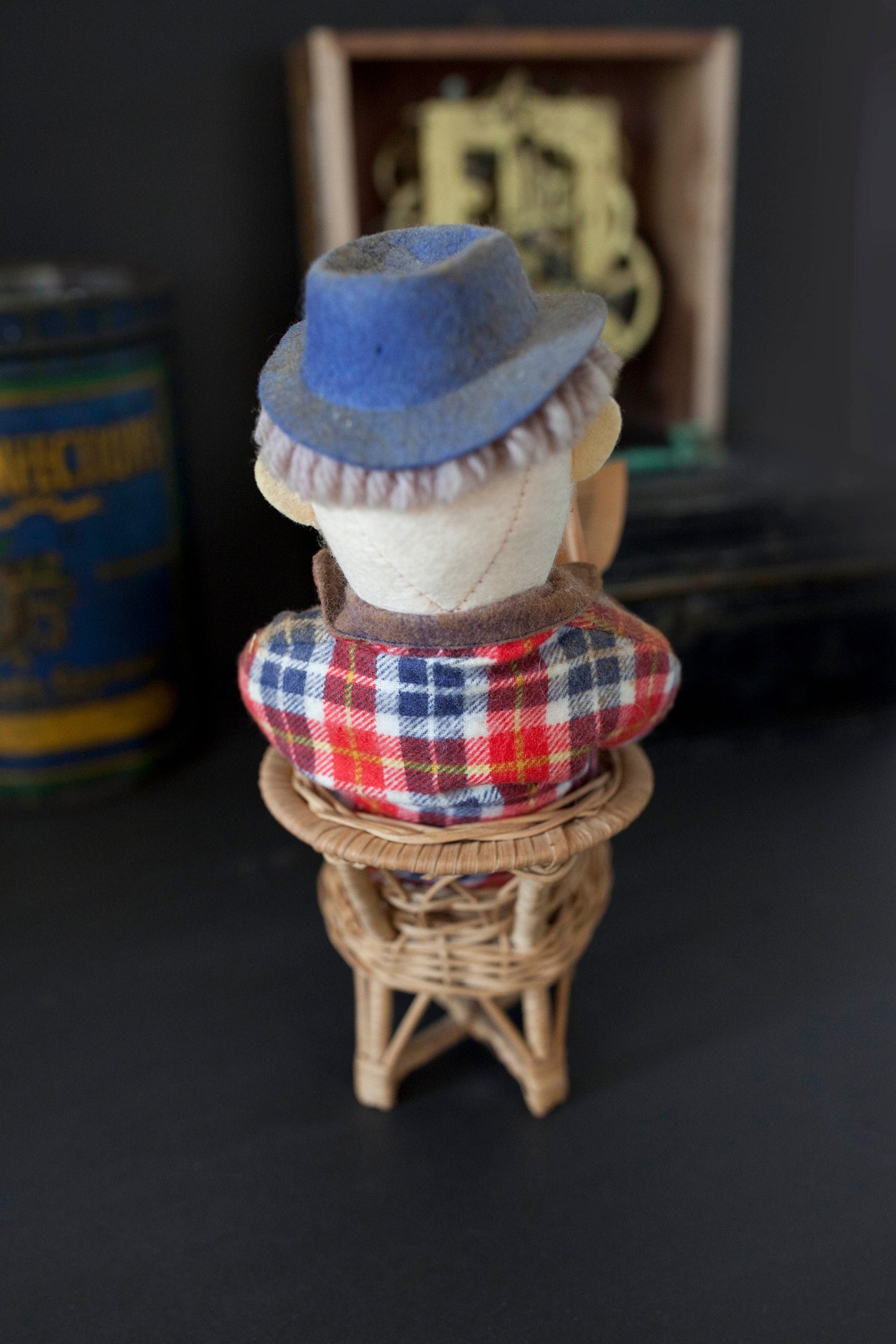 Vintage Retired Man Doll in a Wicker Chair