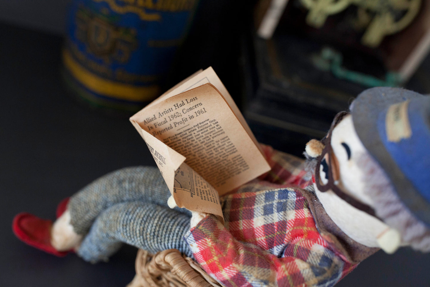 Vintage Retired Man Doll in a Wicker Chair