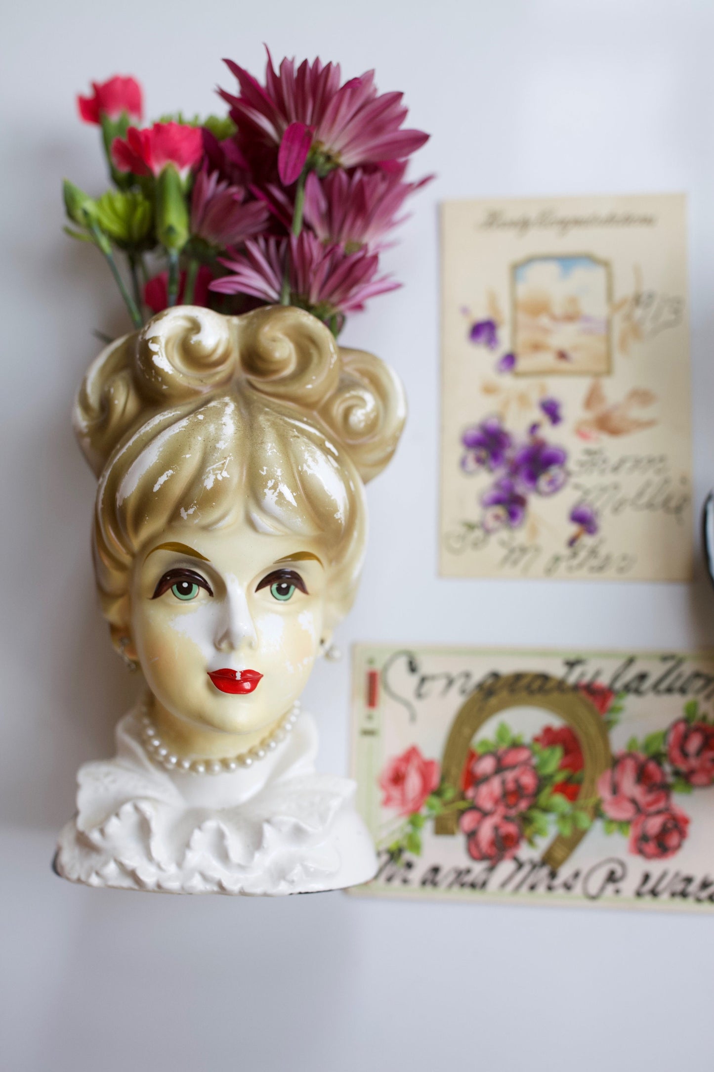 Vintage Lady Head Vase and Enamel Floral Pitcher