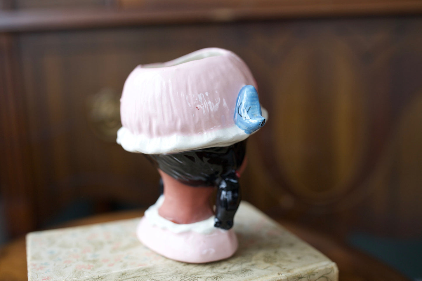 Vintage Lady Head Vase- Bonnet Girl with Pink and blue bird - Child Head Vase
