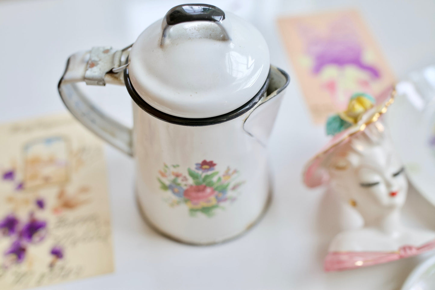 Vintage Lady Head Vase and Enamel Floral Pitcher