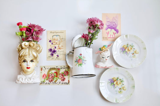 Vintage Lady Head Vase and Enamel Floral Pitcher