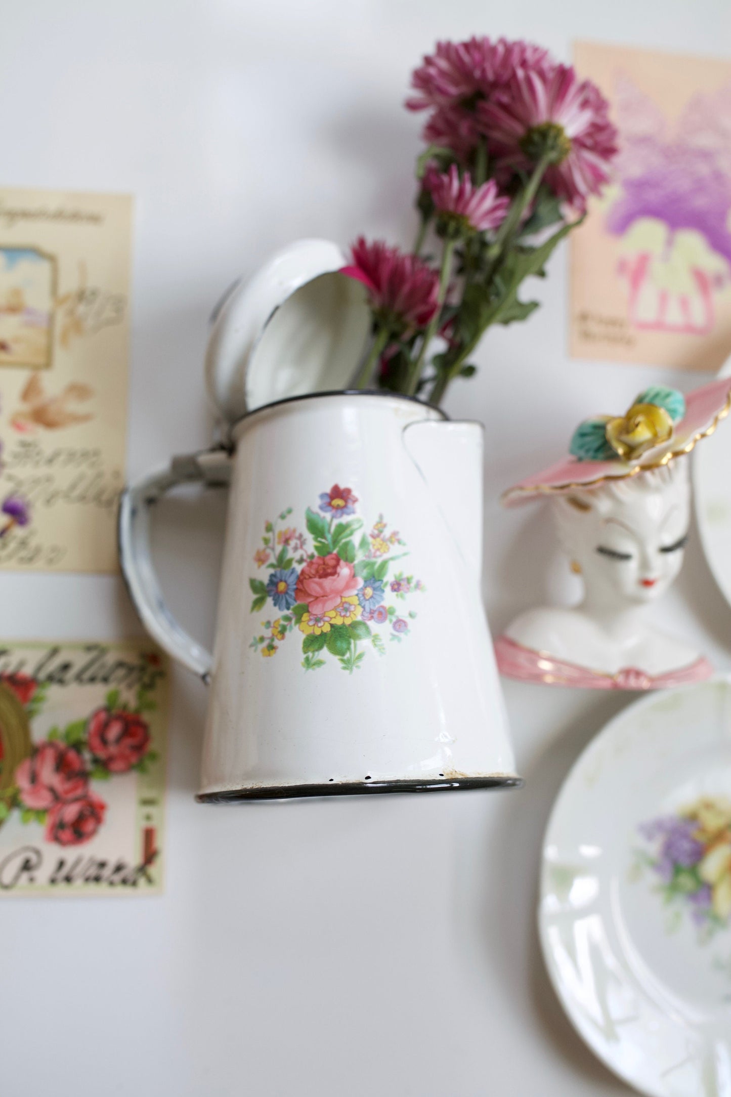 Vintage Lady Head Vase and Enamel Floral Pitcher