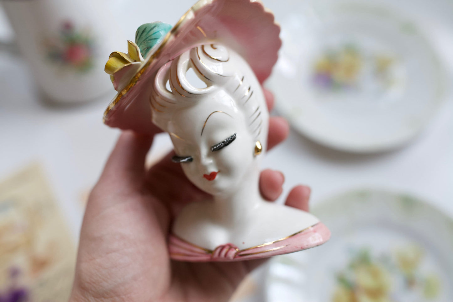 Vintage Lady Head Vase and Enamel Floral Pitcher