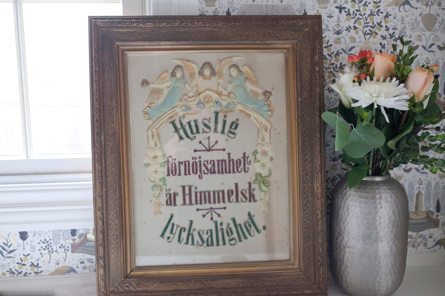 Antique Embroidery Framed- Punch Paper Celluloid Embroidery -Swedish