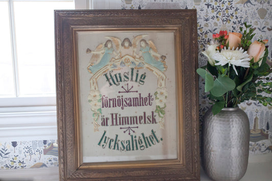 Antique Embroidery Framed- Punch Paper Celluloid Embroidery -Swedish